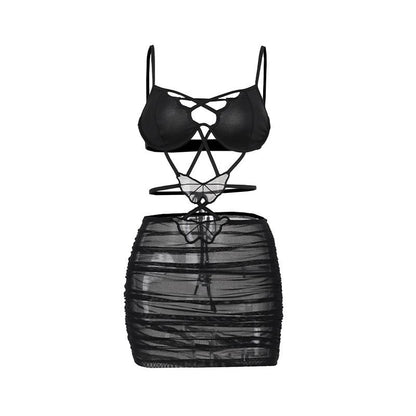 Cross front butterfly mesh hollow out cami cut out mini dress