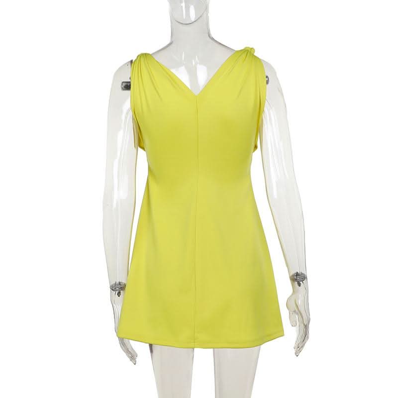 V neck ruched solid cami mini dress