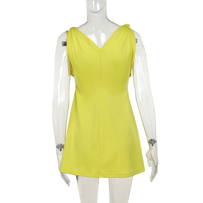 V neck ruched solid cami mini dress