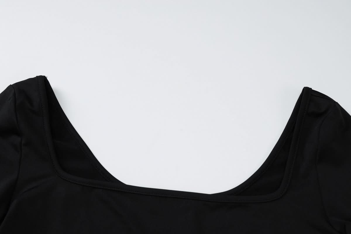 Long sleeve square neck ruched solid mini skirt set