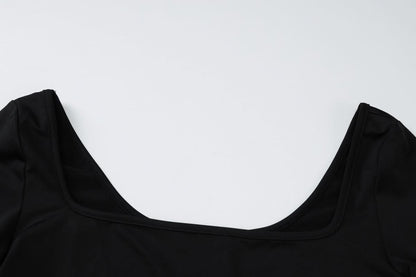 Long sleeve square neck ruched solid mini skirt set