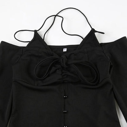 Off shoulder long sleeve self cross back button top