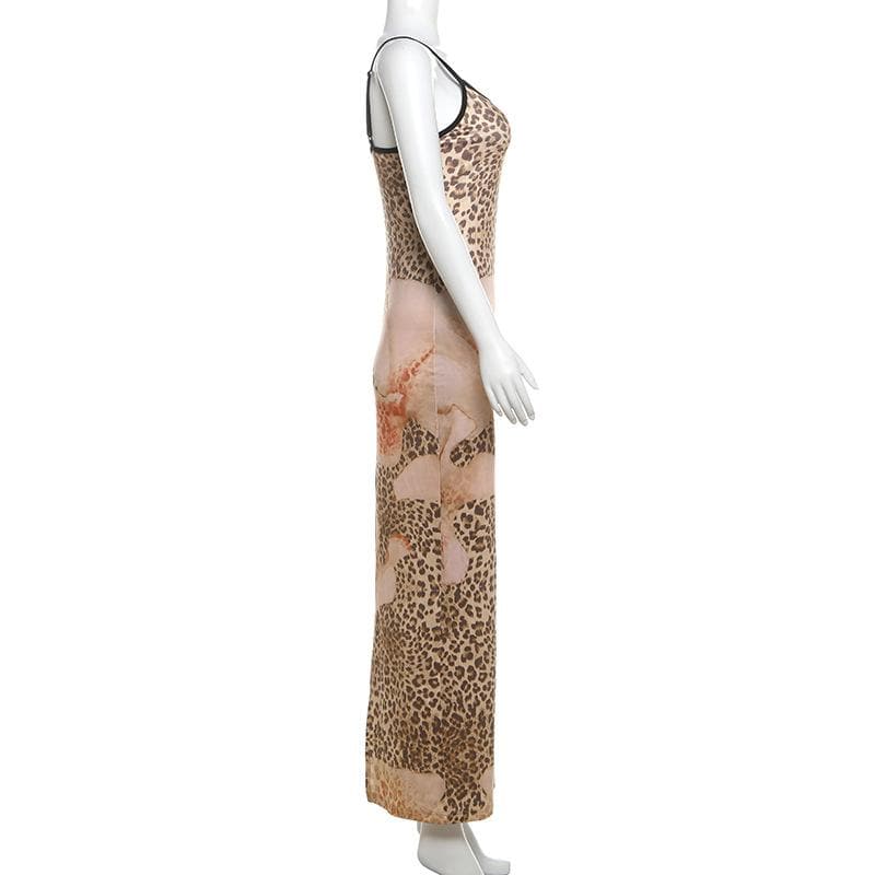 Leopard print u neck backless slit cami maxi dress