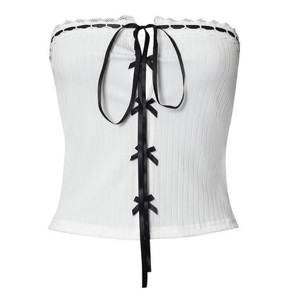 Bowknot ribbon ribbed lace hem backless tube top
