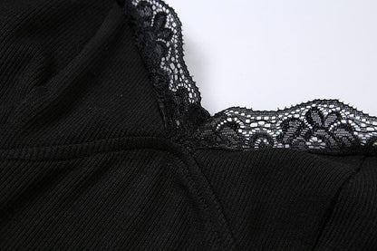 Lace hem solid v neck backless cami mini dress