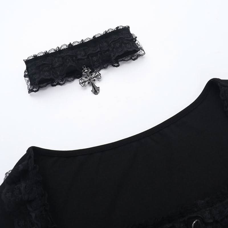 Long sleeve ruffle lace hem necklace top