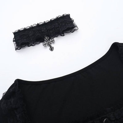 Long sleeve ruffle lace hem necklace top