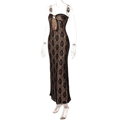 Metal applique hollow out lace tube cut out maxi dress