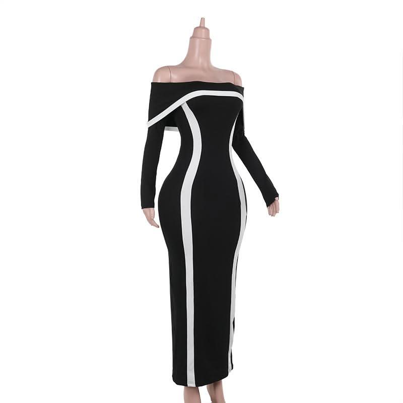 Long sleeve off shoulder contrast backless maxi dress
