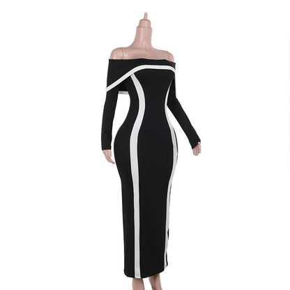 Long sleeve off shoulder contrast backless maxi dress