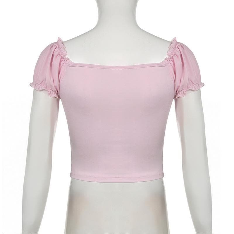 Short puff sleeve hollow out bowknot cut out top