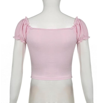 Short puff sleeve hollow out bowknot cut out top