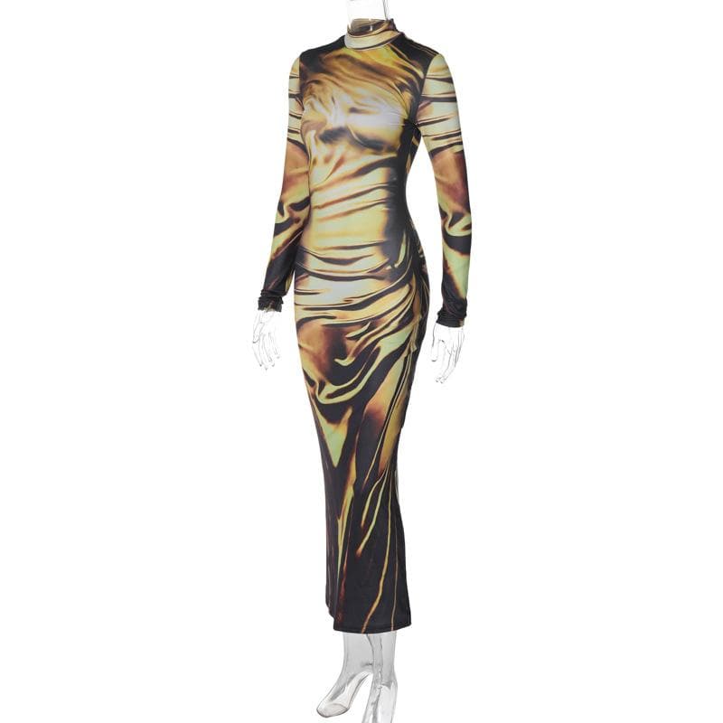 Mock Neck Long Sleeve Abstract Trompe L Oeil Drape Print Bodycon Maxi Dress