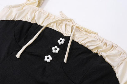 Off Shoulder Contrast Ruffle Trim Daisy Button Bodycon Mini Dress