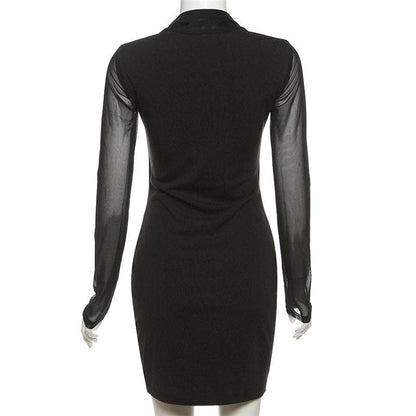 Long sleeve halter mesh patchwork solid mini dress