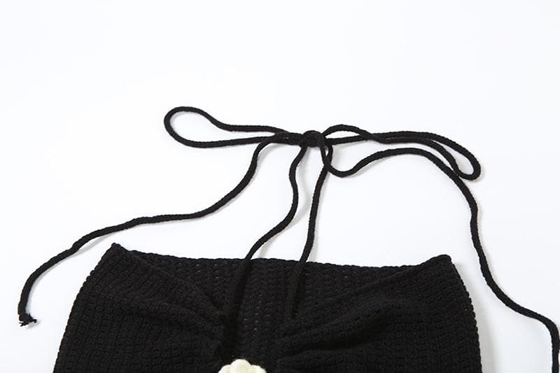 Halter knitted flower applique 3 piece mini skirt set