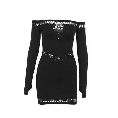 Off shoulder long sleeve hollow out beaded cut out mini dress