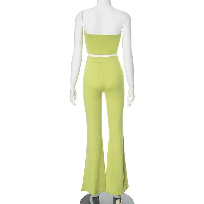 Flower embroidery drawstring ruched tube pant set