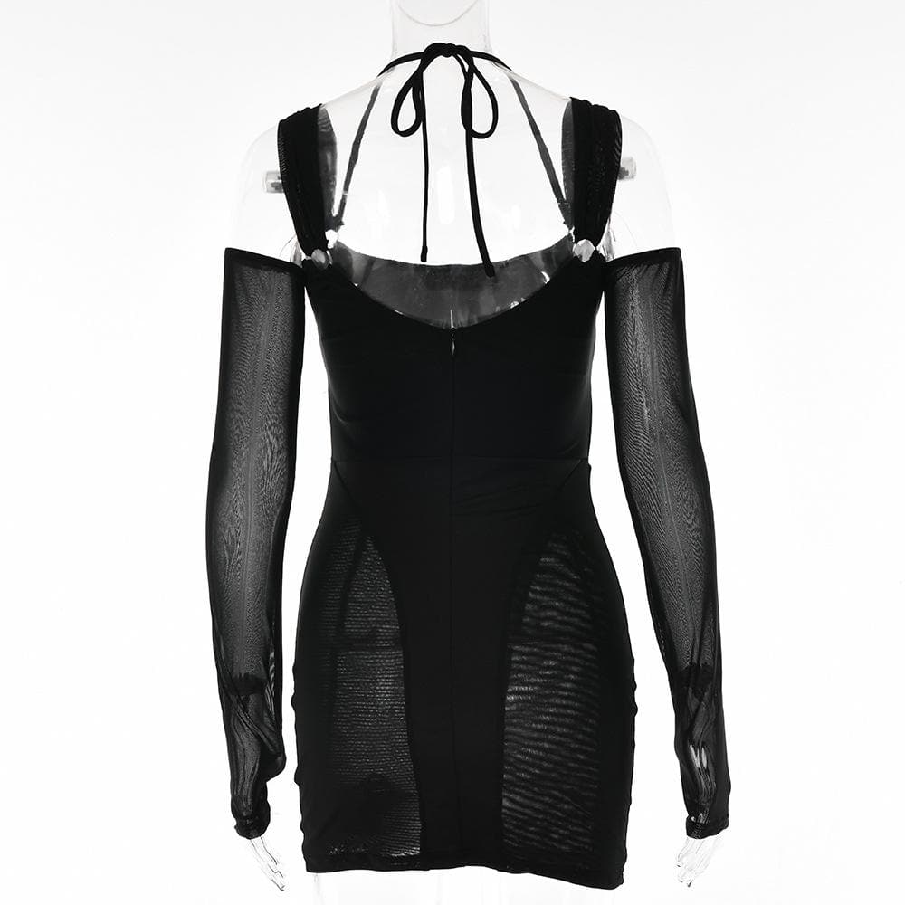 Gloves mesh corset off shoulder hollow out long sleeve halter cut out mini dress
