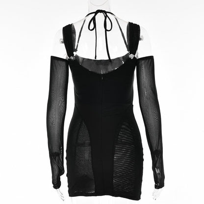 Gloves mesh corset off shoulder hollow out long sleeve halter cut out mini dress