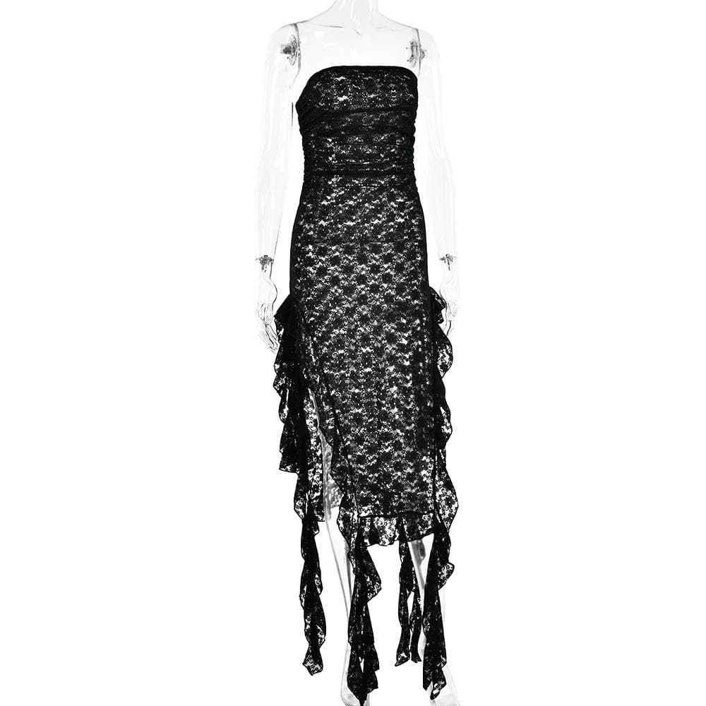 Lace ruffle solid high slit see through tube midi dress
