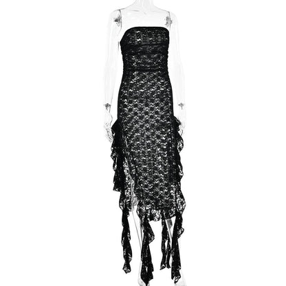 Lace ruffle solid high slit see through tube midi dress