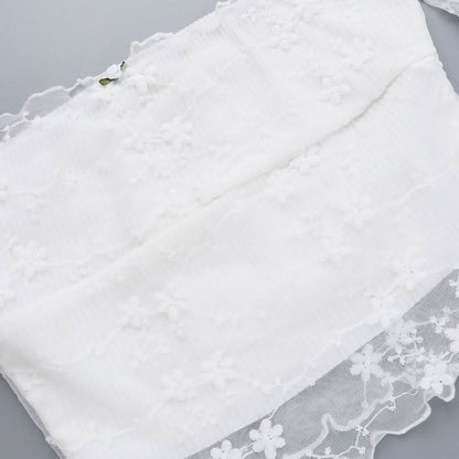 Off shoulder long sleeve mesh embroidery top
