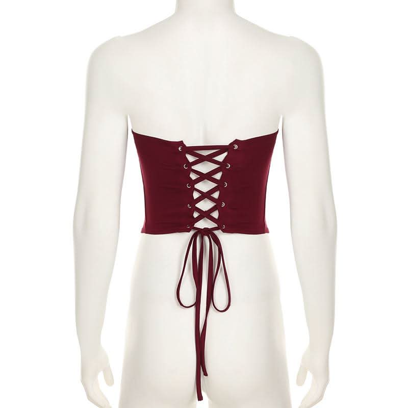 Lace up PU leather button corset solid tube top