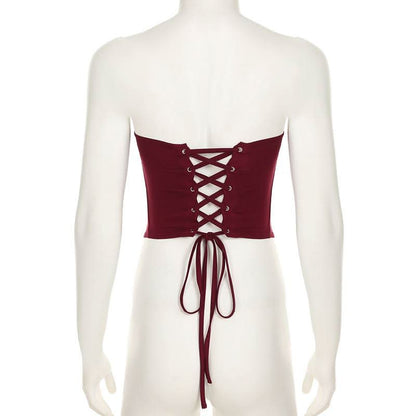 Lace up PU leather button corset solid tube top