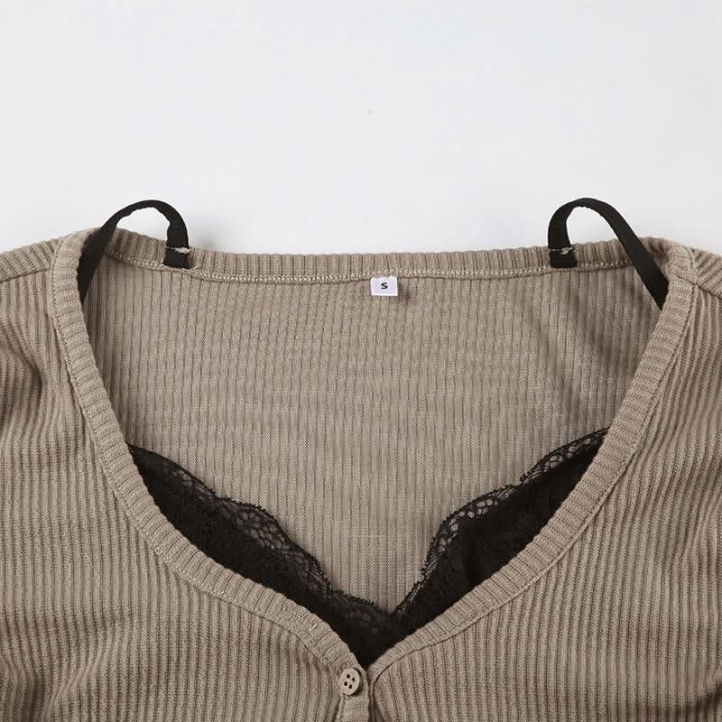 Long sleeve lace hem patchwork button top
