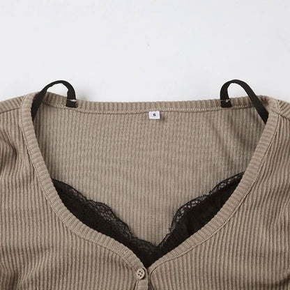 Long sleeve lace hem patchwork button top