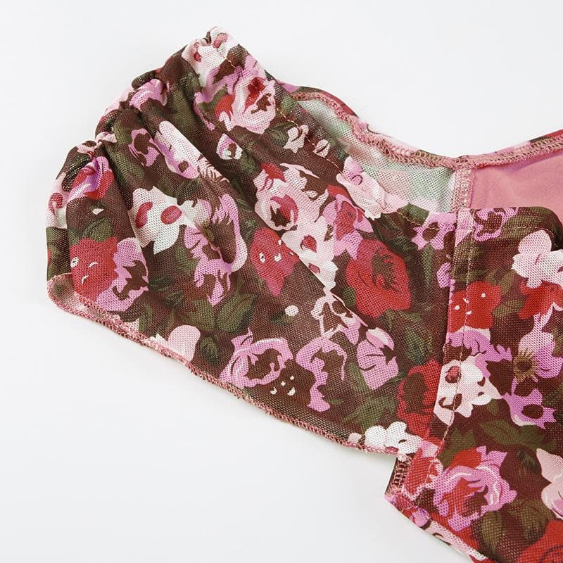 Cap sleeve print bowknot mesh mini dress