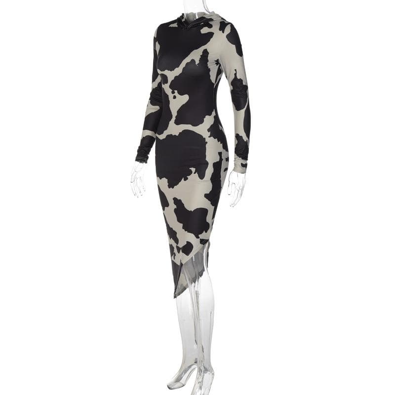 Cow Print Hooded Long Sleeve Bodycon Maxi Dress