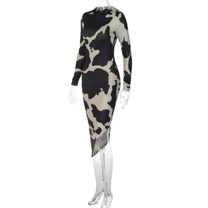 Cow Print Hooded Long Sleeve Bodycon Maxi Dress