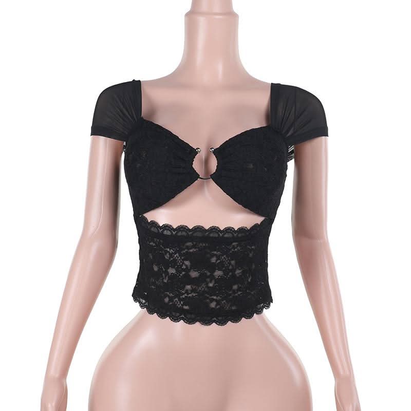 Hollow out lace cap sleeve v neck solid cut out top