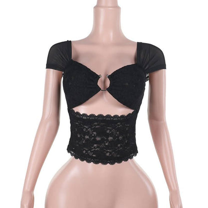 Hollow out lace cap sleeve v neck solid cut out top