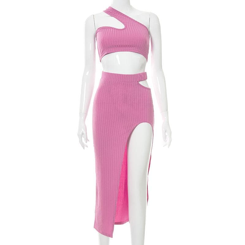 Ribbed solid one shoulder hollow out slit irregular cut out midi dress