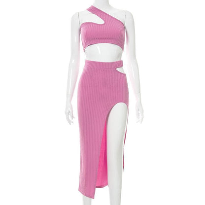 Ribbed solid one shoulder hollow out slit irregular cut out midi dress