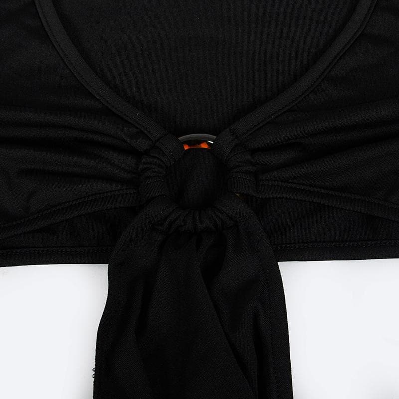 Solid o ring long sleeve v neck hollow out cut out maxi dress