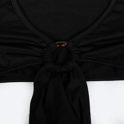 Solid o ring long sleeve v neck hollow out cut out maxi dress