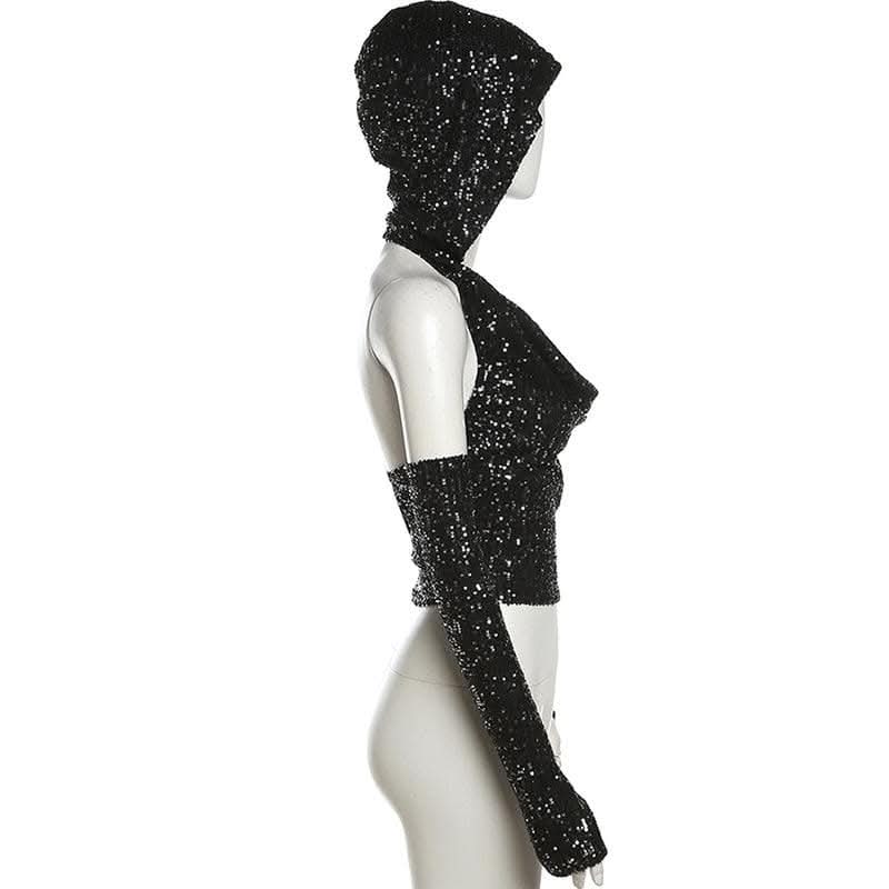 Glitter cowl neck hoodie gloves backless halter crop top-final-sale