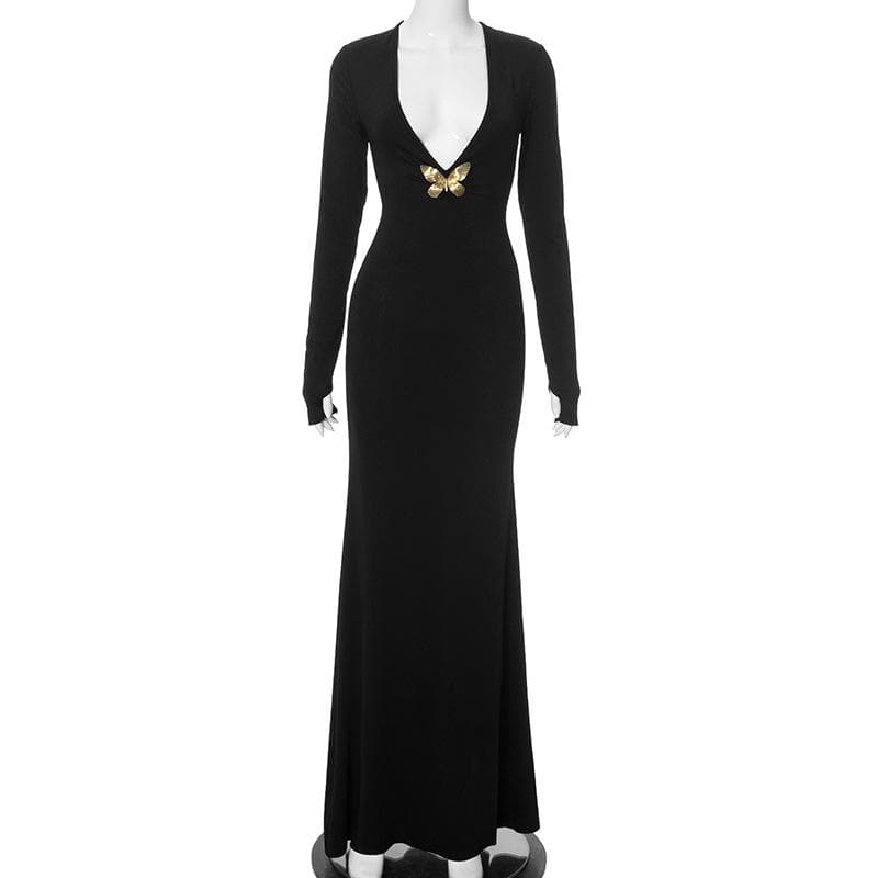 V neck long sleeve butterfly metal applique maxi dress