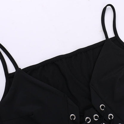V neck lace up hollow out solid cami bodysuit