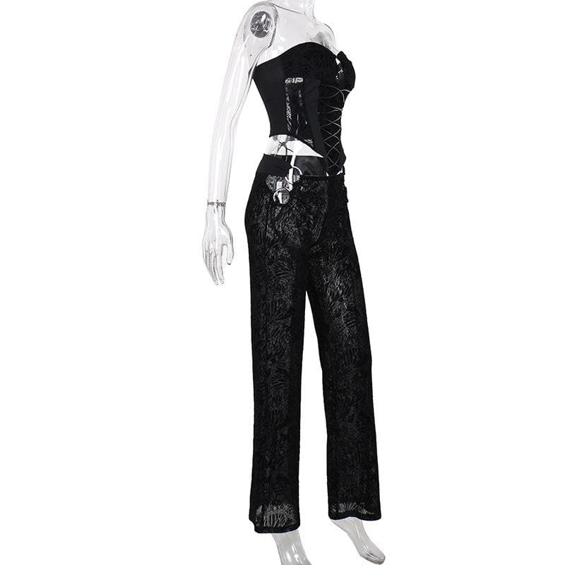 O ring bustier lace up see through tube pant set