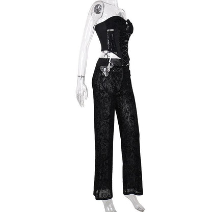 O ring bustier lace up see through tube pant set