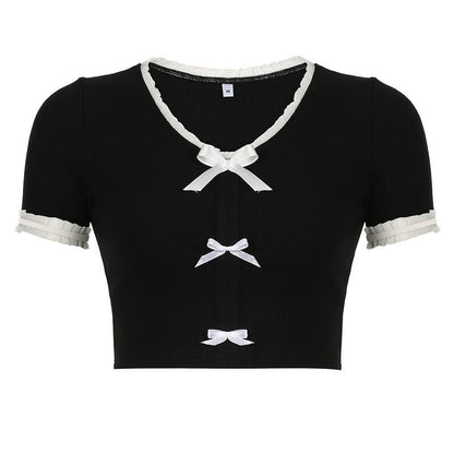 Short sleeve ruffle ruched bowknot ribbed top