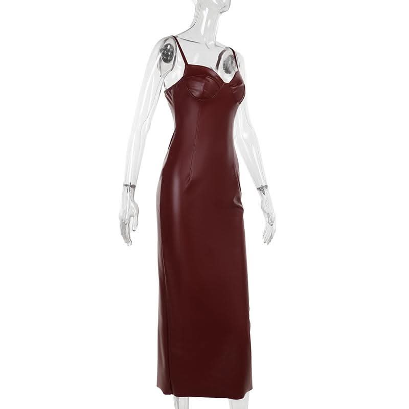 V neck slit zip-up PU leather backless cami midi dress