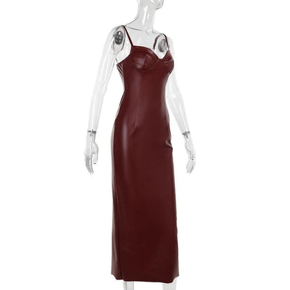 V neck slit zip-up PU leather backless cami midi dress