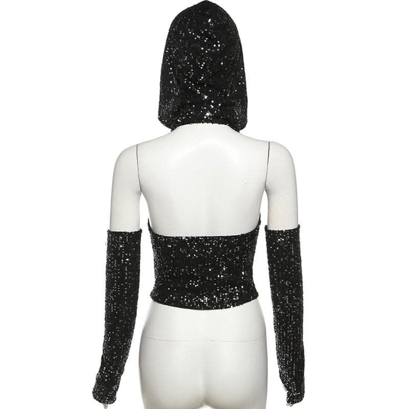 Glitter cowl neck hoodie gloves backless halter crop top-final-sale