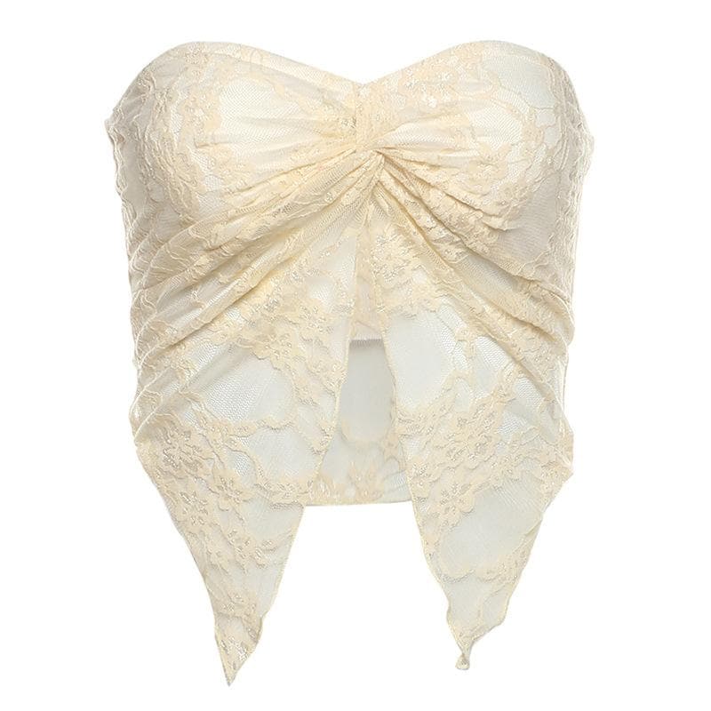 Lace ruched slit ruffle solid tube top